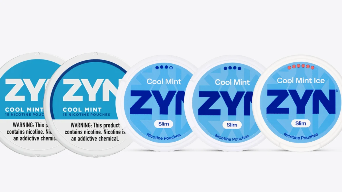 ZYN strength ladder: 3mg and 6mg Cool Mint US cans next to 9mg, 11mg, and 16.5mg Cool Mint from the Slim European Edition
