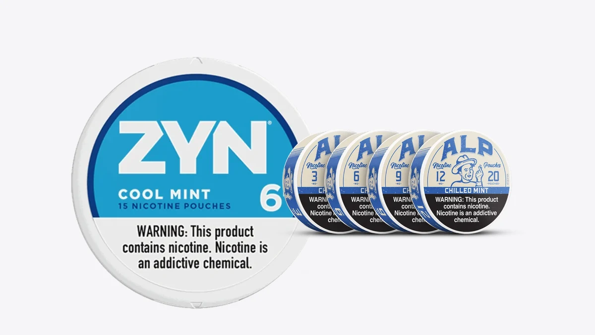 ZYN Cool Mint 6mg and ALP Chilled Mint nicotine pouch cans side by side on a neutral background