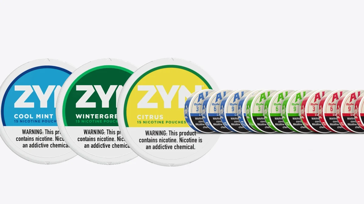 Lineup of ZYN Cool Mint, Wintergreen, and Citrus next to ALP Chilled Mint, Spearmint, and Sweet Nectar nicotine pouch cans