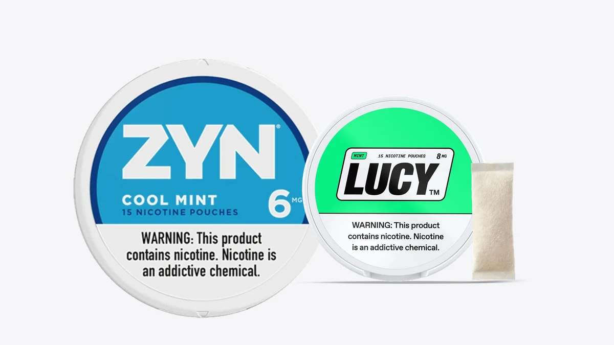 ZYN Cool Mint 6mg and Lucy Mint 8mg nicotine pouch cans side by side on a neutral background