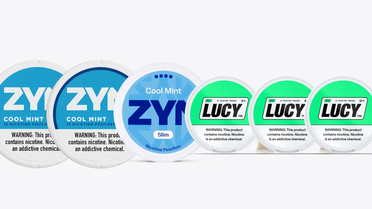 ZYN 3mg and 6mg Cool Mint, ZYN Slim European Edition 11mg Cool Mint, and Lucy 4mg, 8mg, and 12mg Mint nicotine pouch cans in a strength ladder