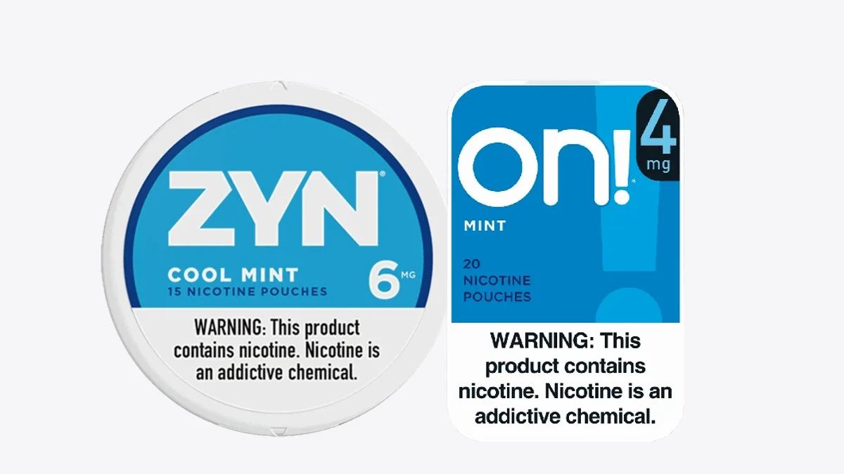 ZYN Cool Mint 6mg and on! Mint 4mg nicotine pouch cans side by side on a neutral background