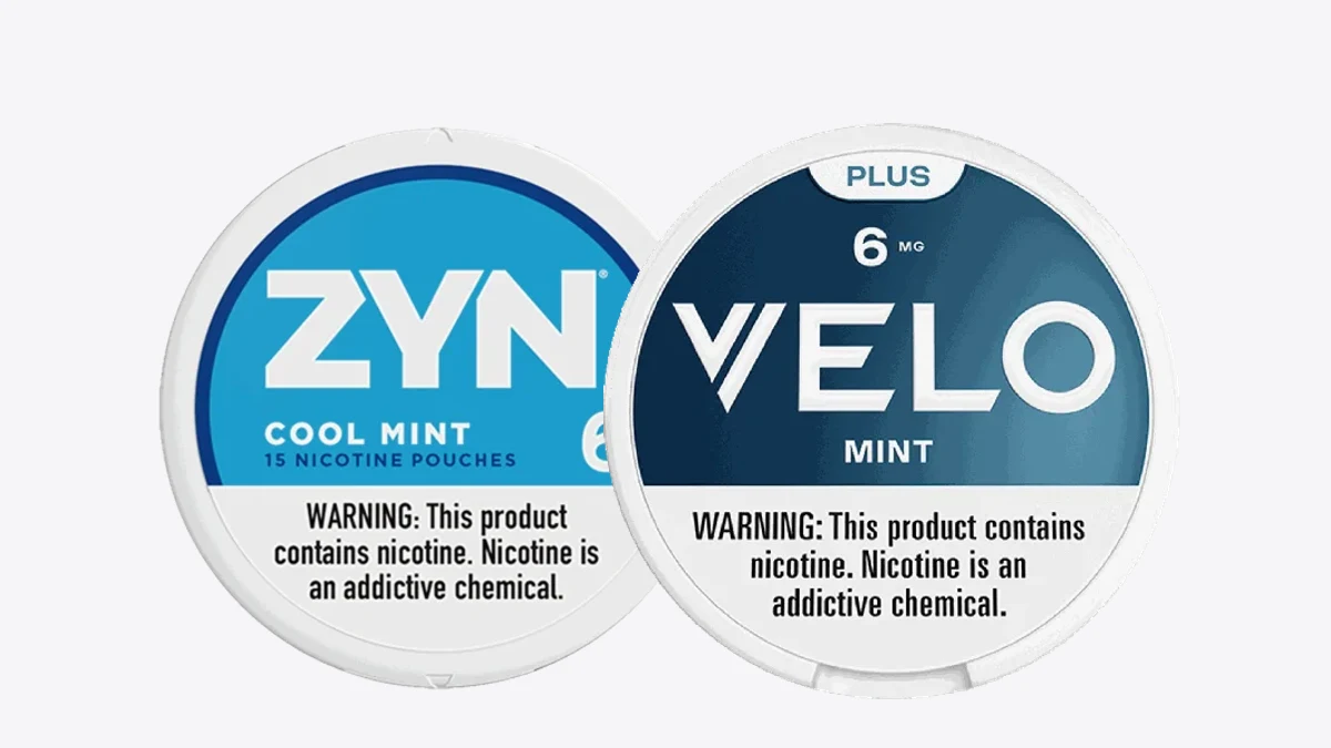 ZYN Cool Mint 6mg and Velo Mint 6mg nicotine pouch cans side by side on a neutral background