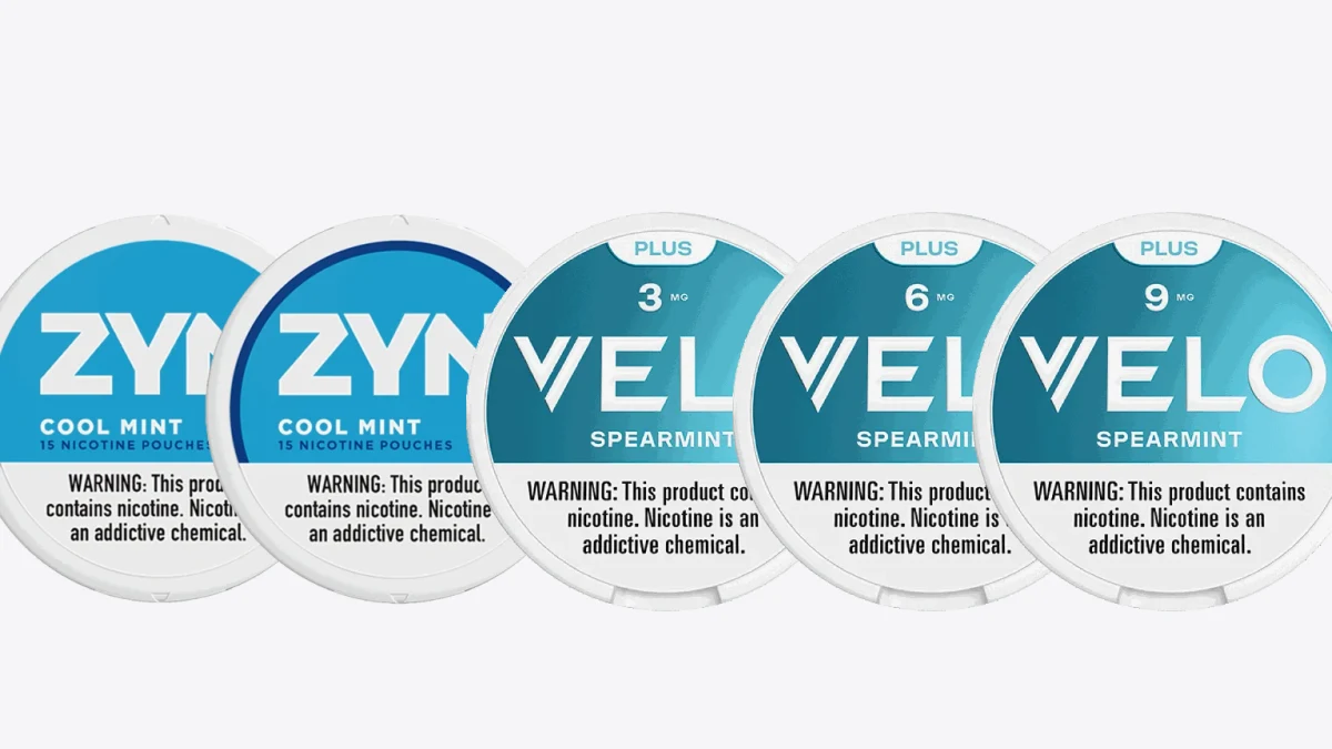 ZYN Cool Mint 3mg and 6mg next to Velo Spearmint 3mg, 6mg, and 9mg nicotine pouch cans arranged as a strength ladder