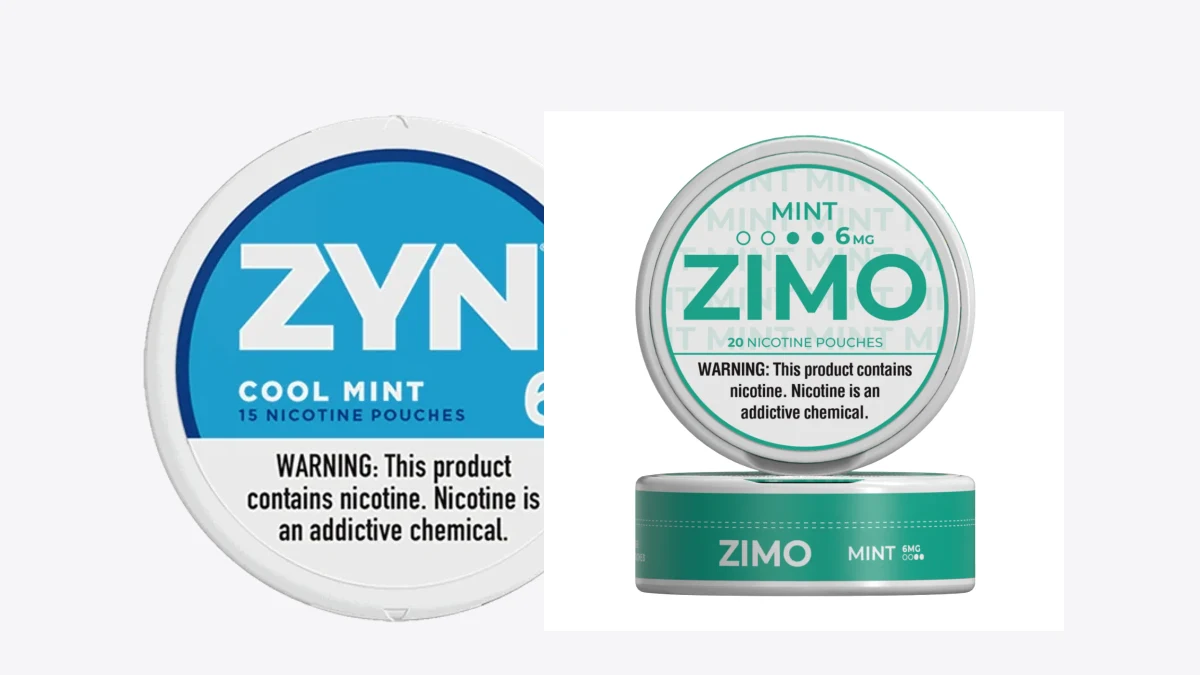 ZYN Cool Mint 6mg and Zimo Mint 6mg nicotine pouch cans side by side on a neutral background