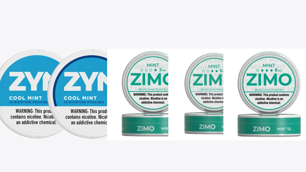 ZYN Cool Mint 3mg and 6mg next to Zimo Mint 3mg, 6mg, and 8mg nicotine pouch cans arranged as a strength ladder